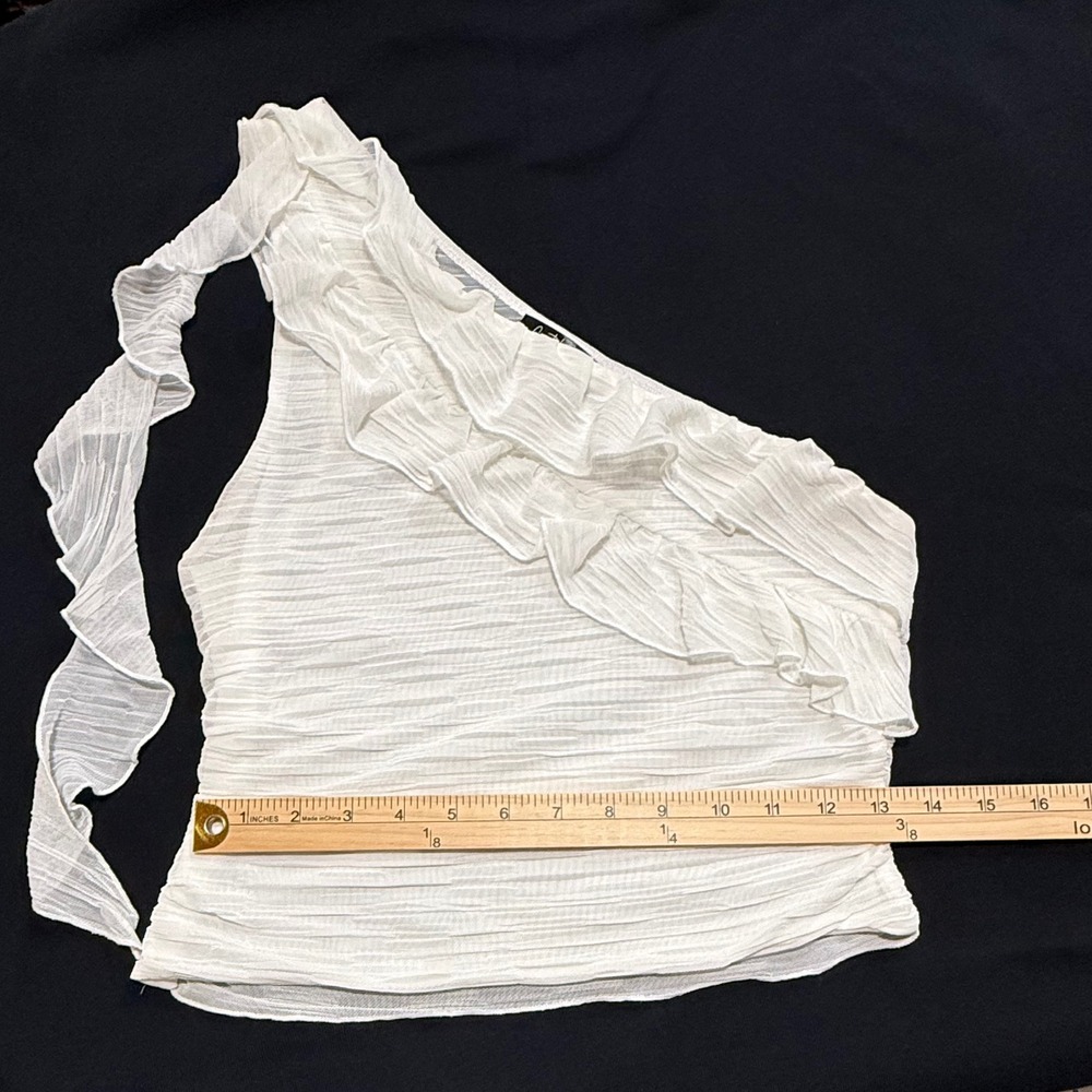 Crystal Sky Women's One Shoulder Ruffle Ruched‎ Mesh Top Cream Size L - Picture 7 of 9